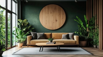 Modern Living Room with Green Walls and Wooden Accents