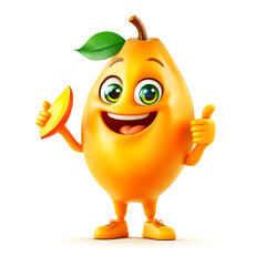 Smiling Cartoon Mango Character Holding a Slice with Thumbs Up - Vibrant Fruit Mascot Illustration