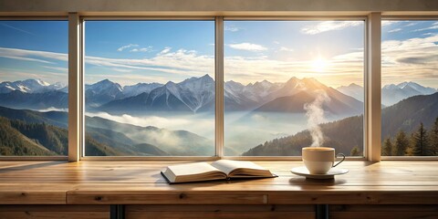 Serene mountain vista viewed through large window with open book and steaming beverage on wooden surface