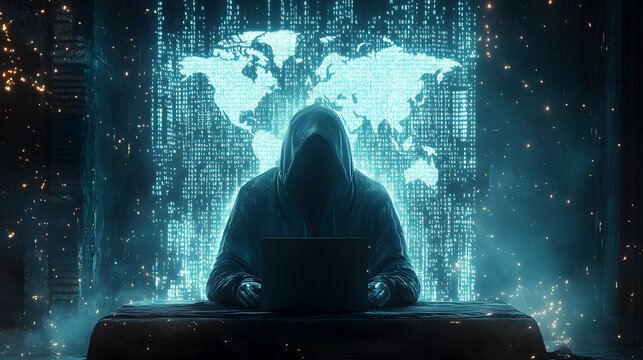 Anonymous Hacker in a Digital World with Binary Code and Global Map Background