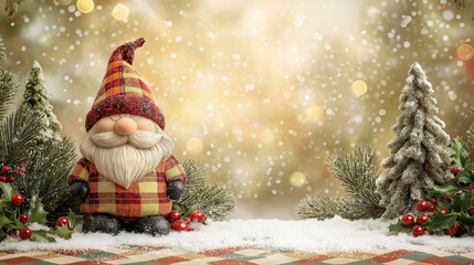 Christmas background with an adorable gnome, pine trees, and holly berries on the ground, a vintage plaid pattern, and softly falling snowflakes.