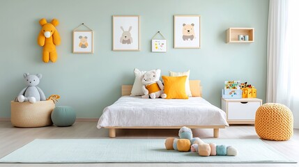 Inviting pastel colored children s bedroom with a plush area rug and soft cuddly toys on the bed creating a serene and comfortable space for rest relaxation and imaginative play