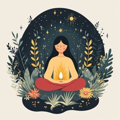 Paganism and mental wellness, meditative and healing ceremonies, flat design illustration