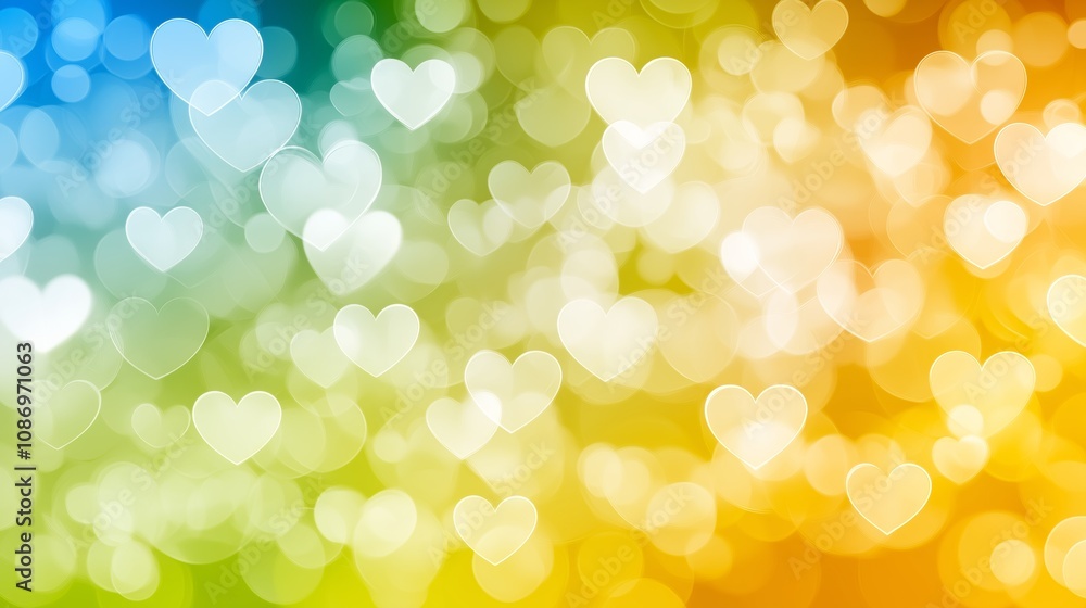 Poster gradient rainbow colorful bokeh background shining with heart shapes for valentine's day