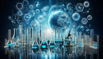 A visually dynamic lab setup with flasks, beakers, and a microscope, overlaid with global network imagery, representing global scientific collaboration