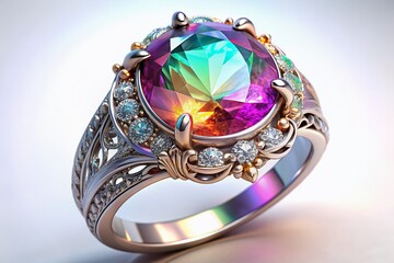Colorful Fantasy Magic Stone Ring with Gem Icon Isolated on White Background - 3D Render Illustration for Jewelry and Fashion Photography