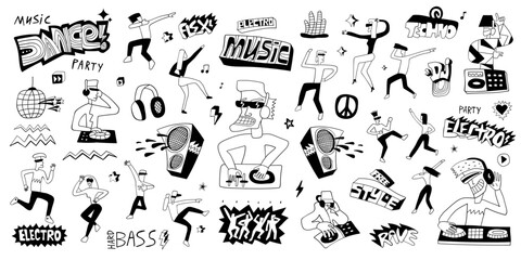 Music dance party doodle, dj playing electro music and dancing young people  illustration , 
isolated hand drawn characters,objects and lettering