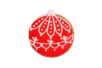 Homemade gingerbread cookie „Christmas tree ornament“ on white, isolated Christmas handmade gingerbread cookie „Christmas tree ornament“ on white background, Christmas dessert, top view, flat lay