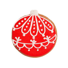 Homemade gingerbread cookie „Christmas tree ornament“ on white, isolated Christmas handmade gingerbread cookie „Christmas tree ornament“ on white background, Christmas dessert, top view, flat lay