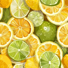 Seamless Pattern, Vibrant Sliced Lemons And Limes, Geometric Design, Bright Clean Background