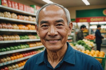 Close portrait of a smiling senior Vietnamese male grocer standing and looking at the camera, Vietnamese grocery store blurred background