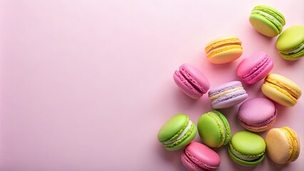Obraz premium A delightful assortment of colorful macarons scattered on a pink background, perfect for a sweet treat advertisement or culinary blog post.