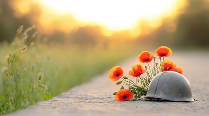 A bouquet of vibrant red poppies rests beside a historic military helmet illuminated by the warm glow of a setting sun  This poignant still life scene serves as a powerful symbol of memory sacrifice