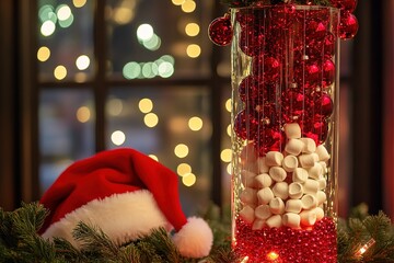A tall glass vase with lights and Christmas decorations, red ornaments hanging from the top of it