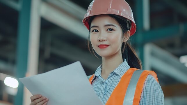 Confident Construction Worker in Safety Gear Holding Documents at Worksite, Focused on Project Management and Collaboration in a Professional Environment