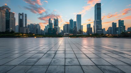 Empty square floor with city skyline background, City skyline with streaming clouds, dynamic urban weather