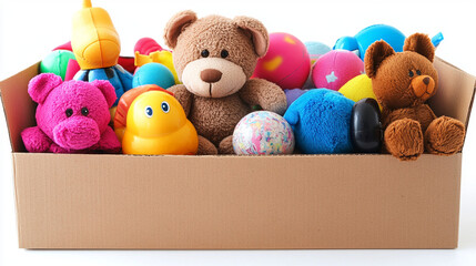 A large cardboard box filled with many stuffed animals and colorful balls