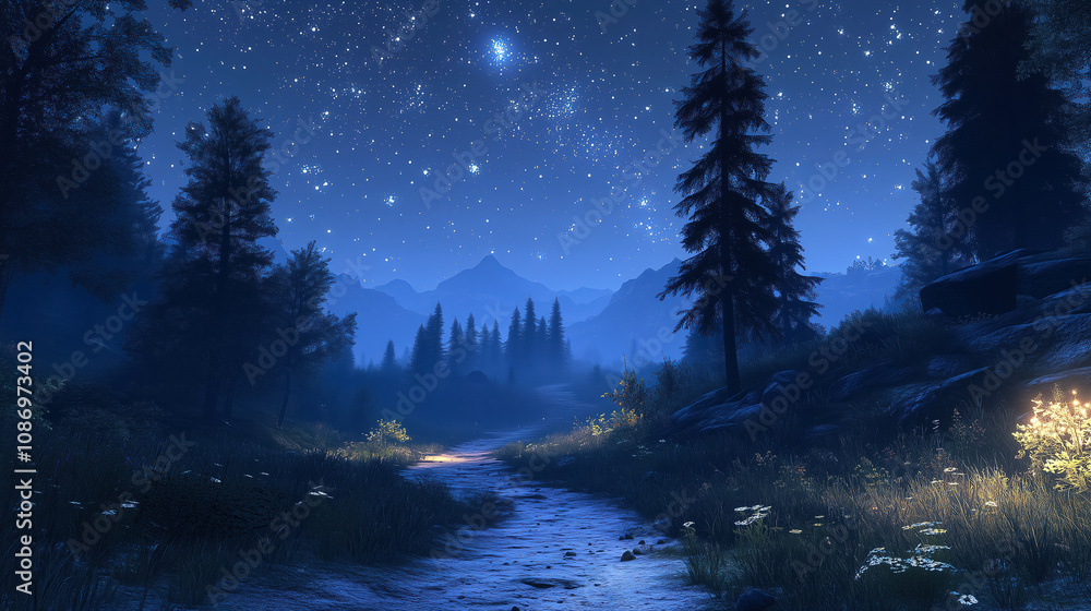 Poster starlit night sky over a tranquil forest path with mountains in the distance creating a serene atmos