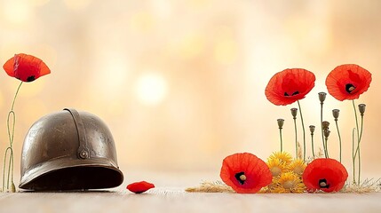 Vibrant red poppy flowers framing an antique helmet in warm golden lighting creating a commemorative and thoughtful display honoring the service and sacrifices of military personnel and veterans