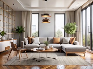 Fototapeta premium Contemporary Minimalist Living Room with Modern Furniture and Stylish Decor Emphasizing Natural Light, Showcasing Bright Window Light and Elegant Interior Design