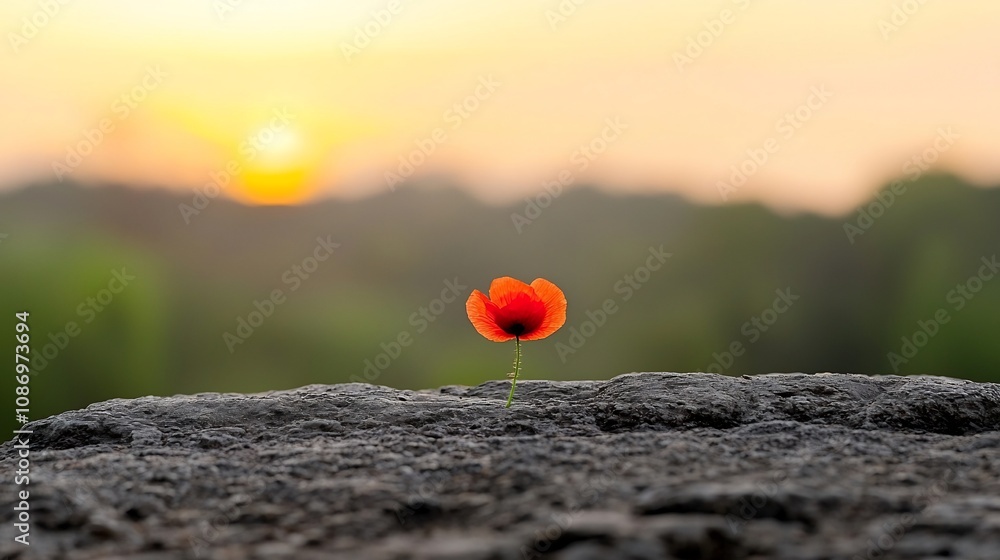 Poster vibrant red poppy bouquet resting on an ancient soldier s grave in golden hour light symbolizing rem