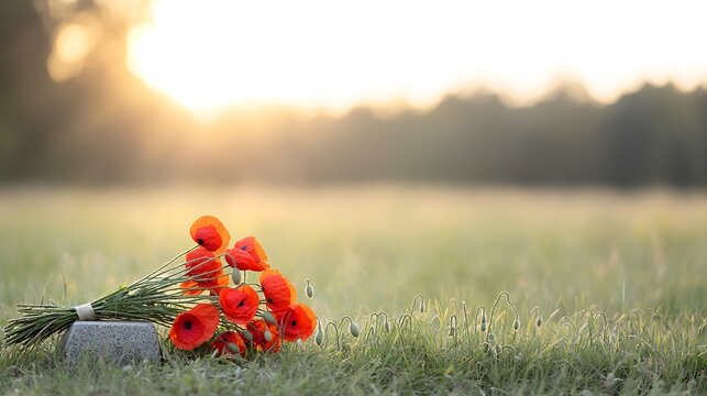 A bouquet of vibrant red poppies laid on an old soldier s grave bathed in soft golden light paying tribute and honoring those who served their country with valor and sacrifice