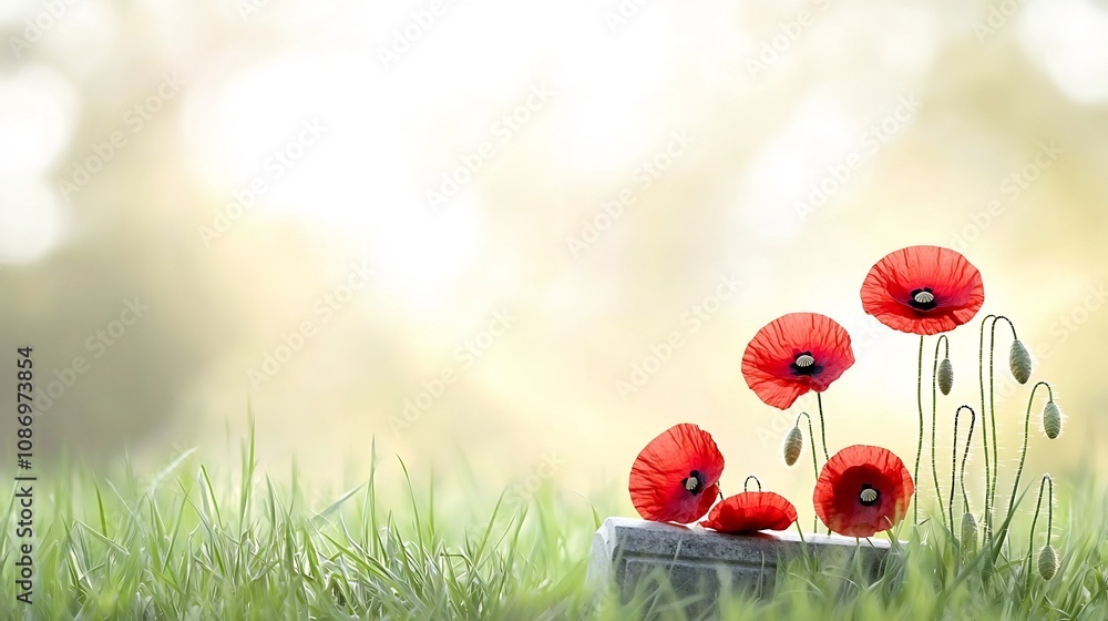 Poster bright red poppies resting on a historic soldier s grave in golden light symbolizing the enduring me