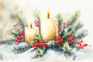 Watercolor style candles surrounded by holly leaves, red berries, and pine branches on a snowy festive background for holiday designs and decor.