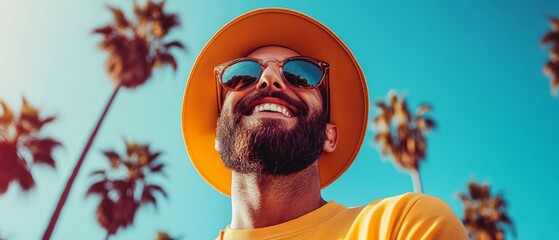 A man beams with joy under a clear blue sky, surrounded by tall palm trees, enjoying the warmth of a sunny day at the beach