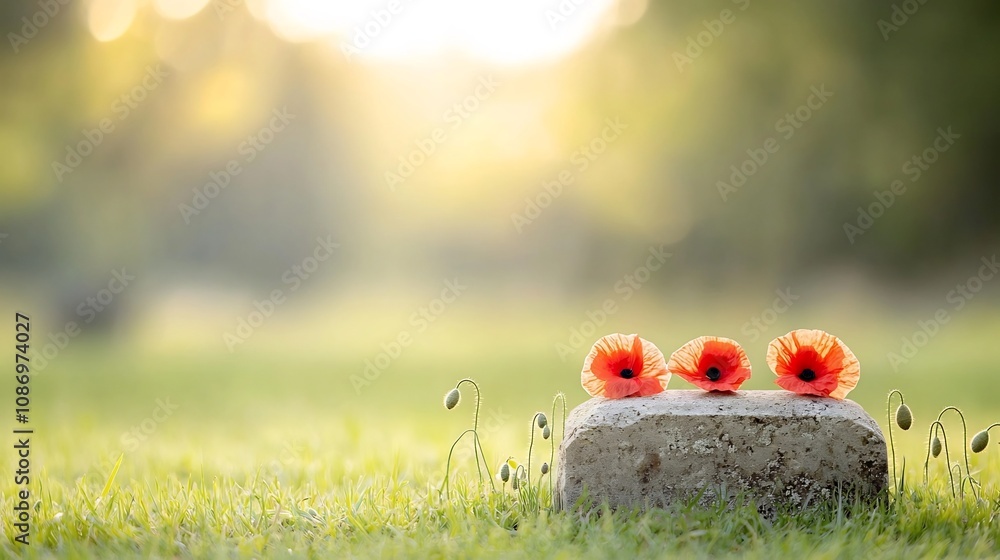 Aufkleber a solemn tribute to those who served with vibrant red poppies resting gently on an ancient grave und