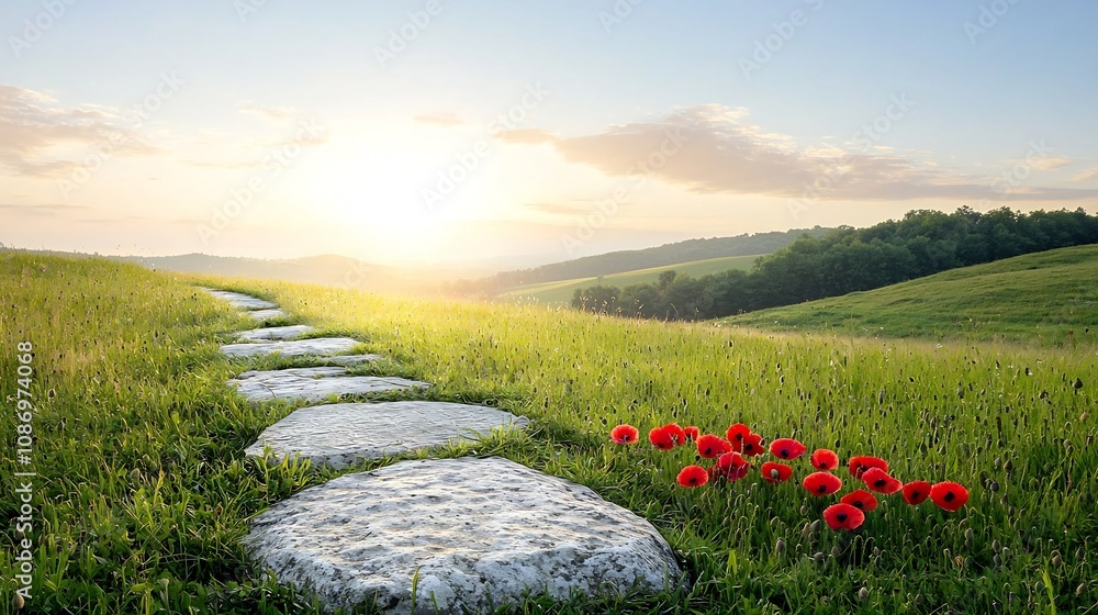 Poster close up of vibrant poppies resting peacefully on an ancient weathered grave under a warm golden glo