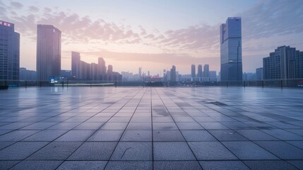 Empty square floor with city skyline background, City skyline with vibrant sunset, colorful urban sunset
