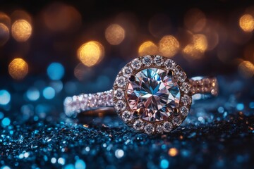 Fototapeta premium A stunning engagement ring adorned with sparkling diamonds. This piece captures romance and elegance. Perfect for special occasions and celebrations. Generative AI