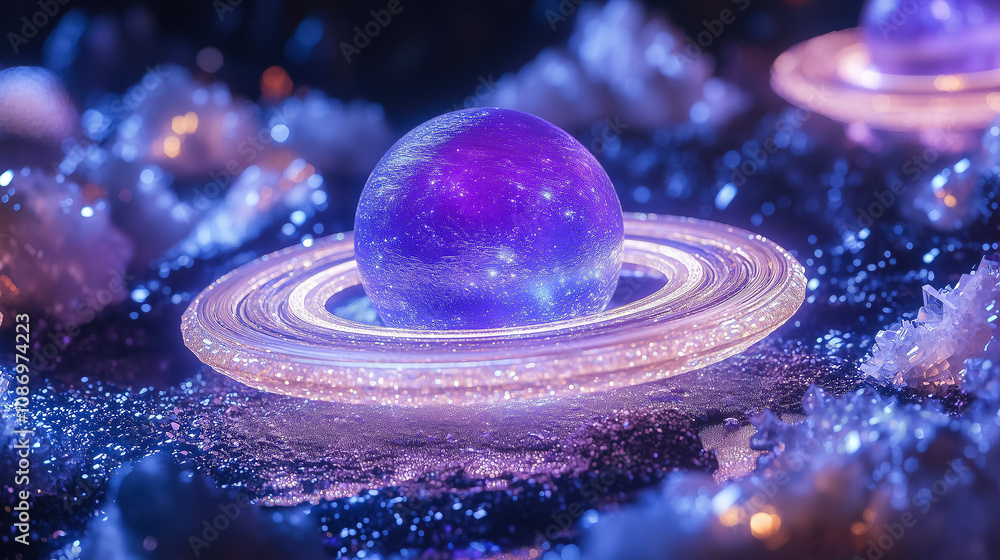 Poster a dreamy celestial scene featuring a glowing planet surrounded by sparkling rings and cosmic element