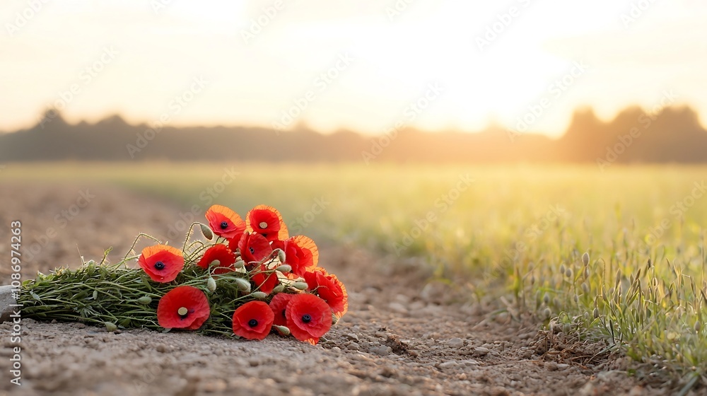 Poster a bouquet of vibrant red poppies resting on a soldier s grave illuminated by the warm glow of golden