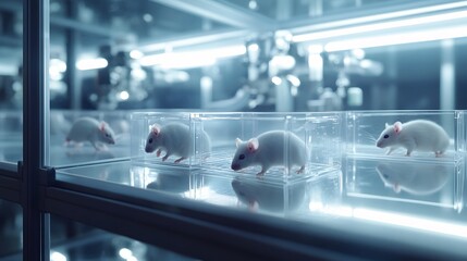 Laboratory mice in research setting, exploring the ethical and scientific boundaries of medical advancements through animal experimentation.