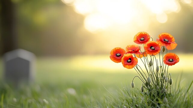 A bouquet of vibrant red poppies resting on a soldier s grave illuminated by the warm glow of golden hour light  This poignant scene represents the enduring legacy and sacrifices of war heroes