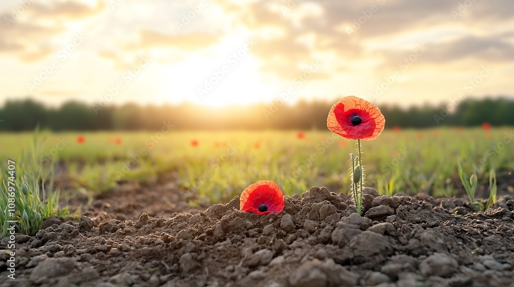 Poster red poppies placed on an ancient military grave bathed in warm sunset light serving as a symbol of r
