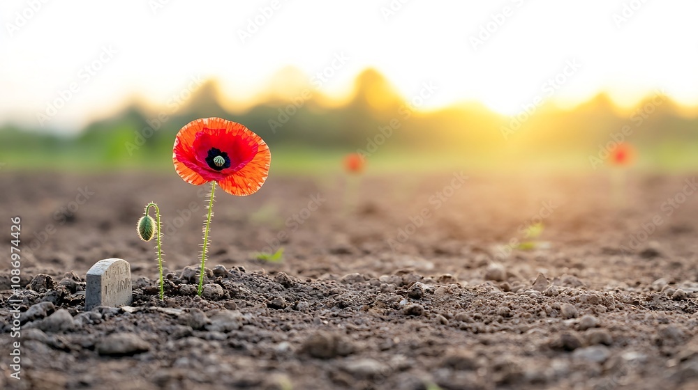 Aufkleber red poppies placed on an ancient military grave bathed in warm sunset light serving as a poignant sy