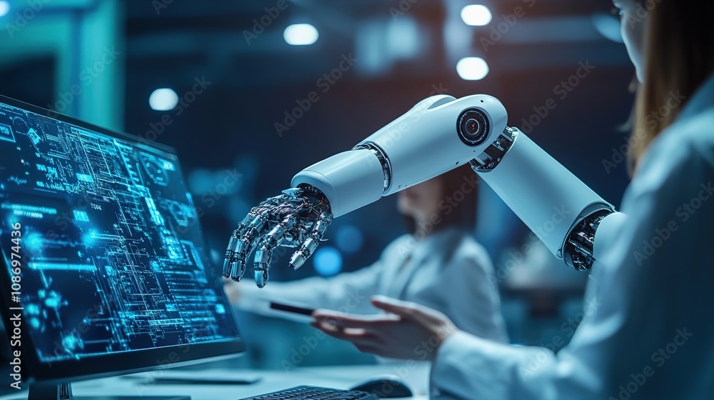 Poster advanced robotic arm interacting with computer display showcasing data and technology in a modern la