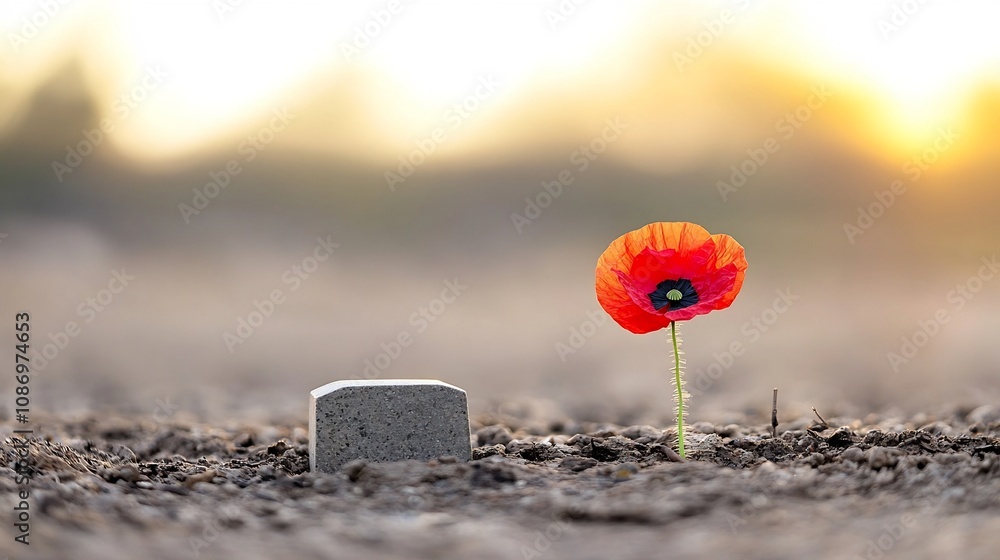 Poster close up of a vibrant red poppy bouquet resting on an ancient military grave surrounded by golden ho