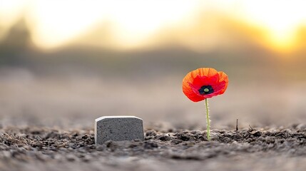 Close up of a vibrant red poppy bouquet resting on an ancient military grave surrounded by golden hour light symbolizing remembrance and sacrifice
