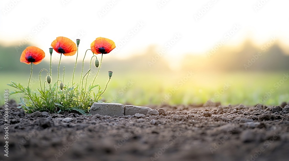 Poster Close up of vibrant red poppies resting gently on an ancient weathered grave during the warm golden hour light symbolizing memory honor and the cycle of life