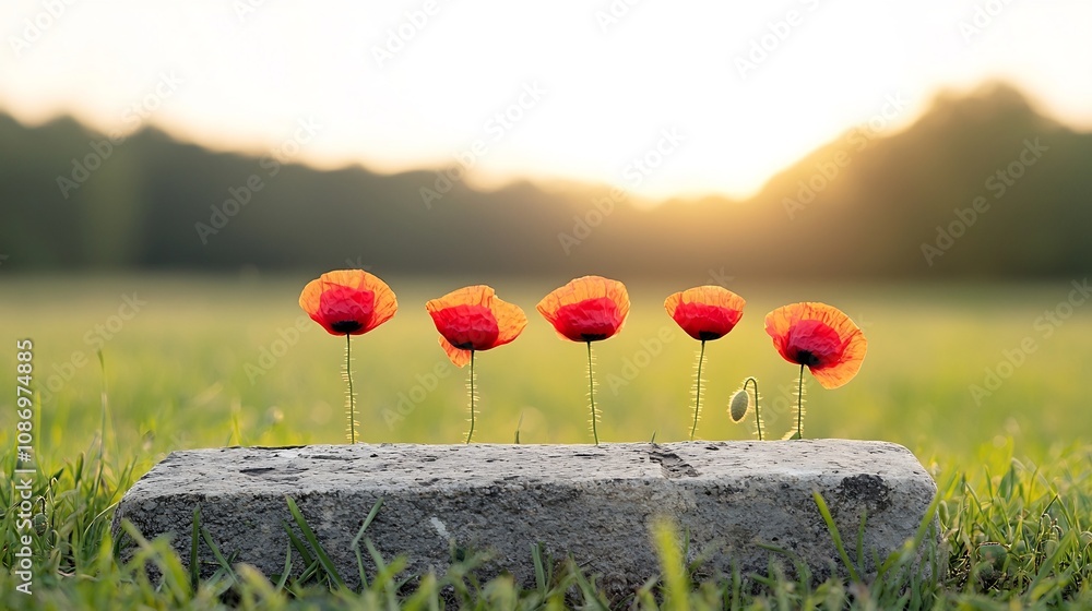 Aufkleber Vibrant red poppies resting gently on an ancient weathered grave symbolizing memory and honor in the soft golden light of the evening