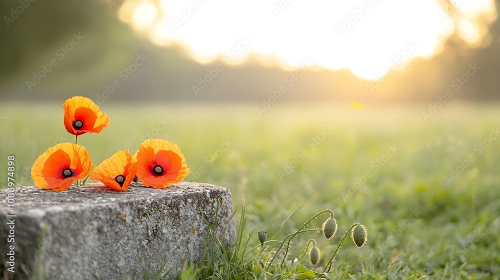 Aufkleber closeup view of bright red poppies resting peacefully on the surface of an ancient weathered gravest