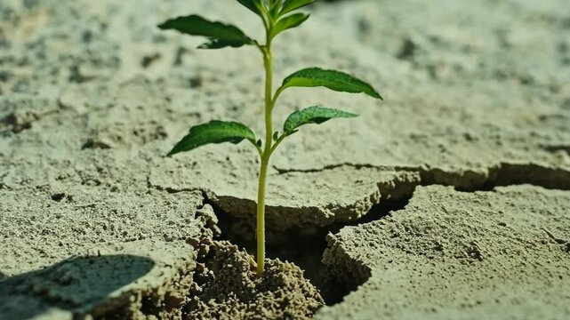 A young plant with vibrant green leaves pushes through dry, cracked soil