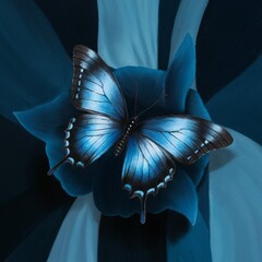illustration of a radiant blue and black butterfly delicately perched on a deep midnight blue backdrop.