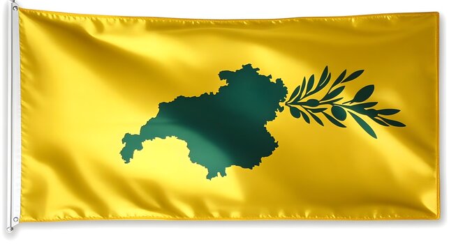 Flag of the Republic of Mortara Featuring a Yellow Background and an Olive Branch Design with a Map Outline