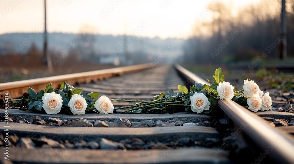 Poster Bouquets of fragrant velvety rose blossoms lying peacefully on abandoned railway tracks bathed in the soft warm glow of the golden hour light creating a nostalgic and serene atmosphere