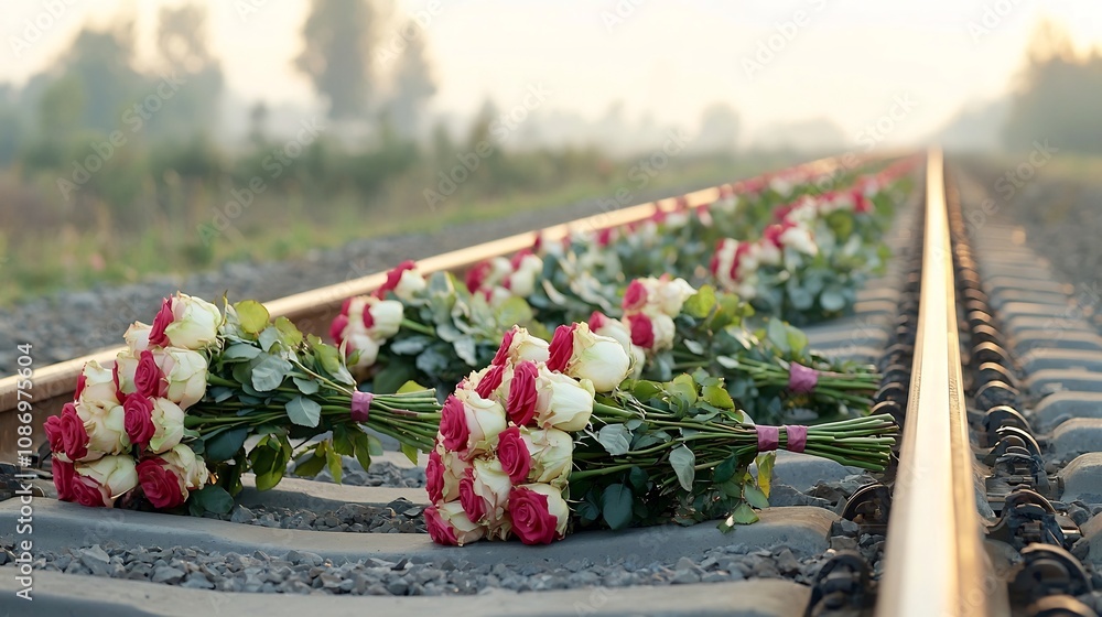 Poster Gorgeous close up view of large lush rose bouquets artfully arranged on old railway tracks with warm golden light filtering through creating a magical romantic and dreamy atmosphere